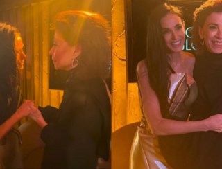 Demi Moore parabeniza Fernanda Torres nos bastidores do Globo de Ouro